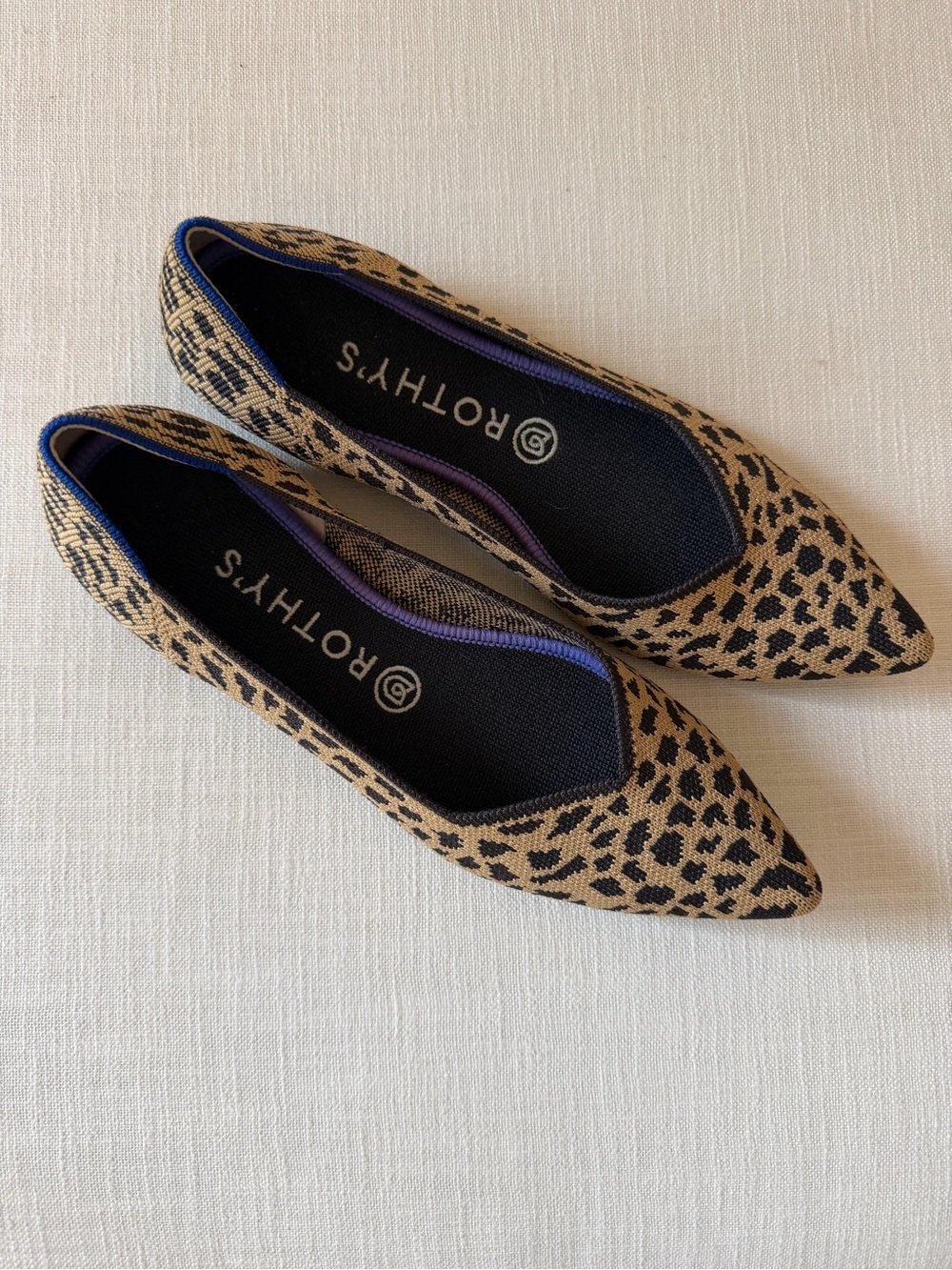 Rothy's Leopard Print Pointed Toe Flats in Tan and Black